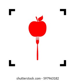 Vegetarian food sign illustration. Vector. Red icon inside black focus corners on white background. Isolated.