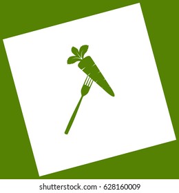 Vegetarian food sign illustration. Vector. White icon obtained as a result of subtraction rotated square and path. Avocado background.