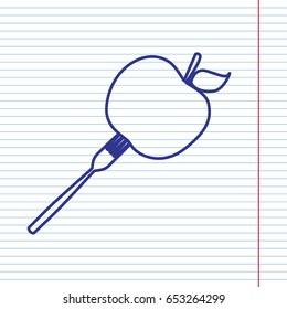 Vegetarian food sign illustration. Vector. Navy line icon on notebook paper as background with red line for field.