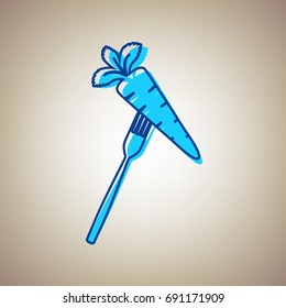 Vegetarian food sign illustration. Vector. Sky blue icon with defected blue contour on beige background.