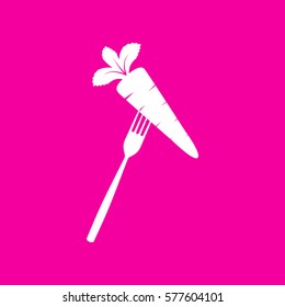 Vegetarian food sign illustration. White icon at magenta background.