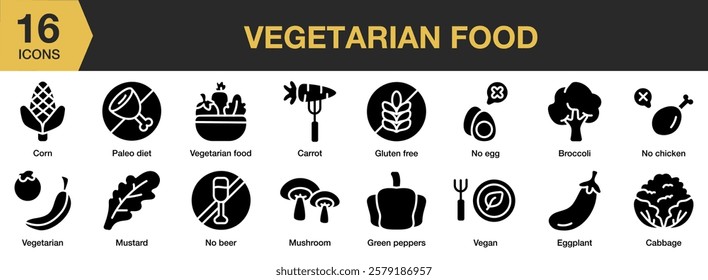 Vegetarian Food solid icon set. Includes vegetarian, cuisine, healthy, food, meal, and More. Solid icons vector collection.