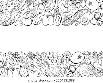 Vegetarian Food Template with Doodle Vegetables on White Background. Vector Outline Illustration Top View