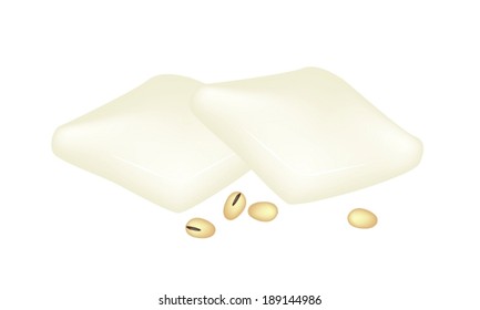 Vegetarian Food, Two White Tofu Cheese or Bean Curd with Soybean, Good Source of Dietary Fiber, Vitamins and Minerals. 