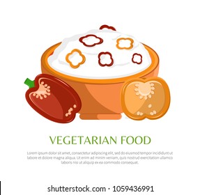 Vegetarian food vector illustration, color banner, mush with pepper pieces isolated on white, deep bowl, varied pepper kinds, healthy vegetarian dish