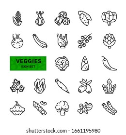 Vegetarian food. Vegetable,Veggies-minimal outline thin set.  Collection includes Onions, Corn, Olives, Chili, Zucchini, Artichoke. Vector line icon.