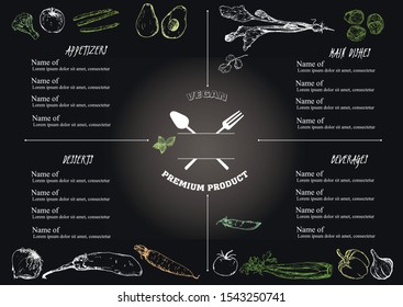Vegetarian food white chalk sketch on blackboard menu vector design. Hand drawn eco green food vegetables menu illustration. Can be used for vegans eco food menu, invitations.