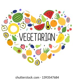 Vegetarian food.Fresh colourful fruit arranged in heart. Vector illustration.
