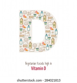 Vegetarian foods highest in vitamin D composing D letter shape, nutrition and healthy eating concept