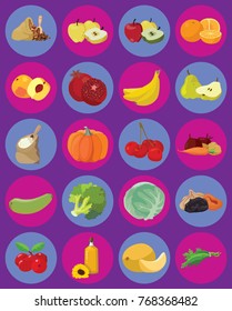 Vegetarian foods: Vegetables, fruits, berries, cereals, oil. For your convenience, each significant element is in a separate layer. Eps 10