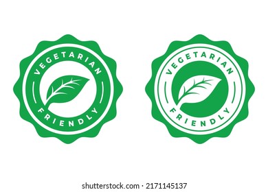 Vegetarian friendly icon design. Round green vector illustration with leaves for stickers, labels and logo. Vegan badge