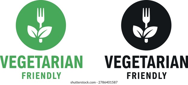 Vegetarian friendly logo set with fork and leaf emblem in green and black variants, ideal for menus, restaurants and food labels