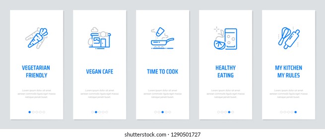 Vegetarian friendly, Vegan café, Time to cook, Healthy eating, My kitchen - my rules Vertical Cards with strong metaphors. Template for website design.