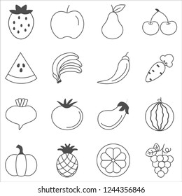 Vegetarian and fruit icons set. set of 16 vegetarian outline icons