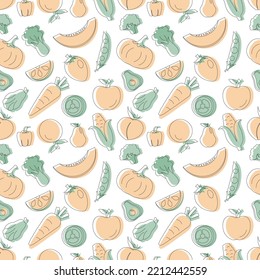 Diseño de patrón vegetariano, frutal y verduras sin problemas con alimentos frescos, orgánicos y naturales en caricatura plana a mano Fondo de ilustración