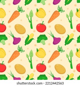 Vegetarian, Fruit and Vegetables Seamless Pattern Design with Fresh, Organic and Natural Food in Hand Drawn Flat Cartoon Background Illustration
