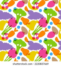 Vegetarian, Fruit and Vegetables Seamless Pattern Design with Fresh, Organic and Natural Food in Hand Drawn Flat Cartoon Background Illustration