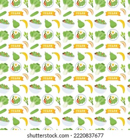 Vegetarian, Fruit and Vegetables Seamless Pattern Design with Fresh, Organic and Natural Food in Hand Drawn Flat Cartoon Background Illustration