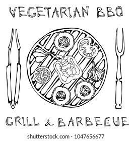 Vegetarian Grill. Vegetable BBQ. Picnic and Barbeque Appliances Tongs and Fork. Tomato, Bell Pepper, Onion, Garlic and Zucchini. Vegan Outdoor Party. Hand Drawn Illustration. Savoyar Doodle Style.