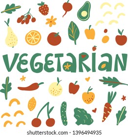 Vegetarian hand lettering with fruits, vegetables hand drawn vector illustration on a white background