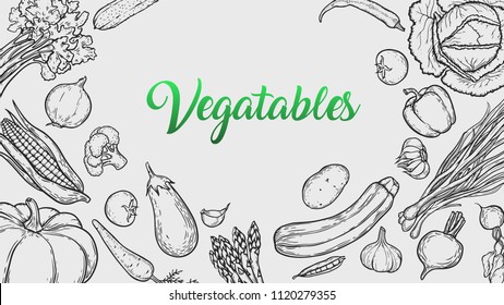Vegetarian HD background with hand drawn organic vegetables. Vector vintage illustration.  Can be used for wrapping paper, street festival, farmers market, country fair, shop, menu, cafe, restaurant