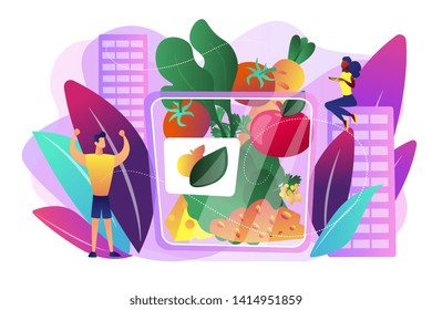 Vegetarian healthy eating, vegan takeaway meal, organic food. Assorted snack pack, trendy snack on the go, healthy nutrition diet concept. Bright vibrant violet vector isolated illustration