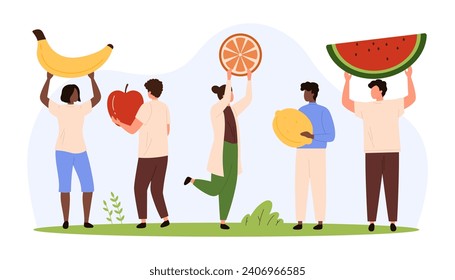Vegetarian healthy food and ingredients. Tiny people hold big different garden fruits, characters carry banana and apple, orange and watermelon slice, lemon for eating cartoon vector illustration
