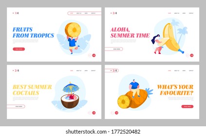 Vegetarian Healthy Food, Nutrition, Summer Fresh Juice Drinks Cocktails Landing Page Template Set. Tiny Characters and Huge Ripe Tropical Fruits Coconut, Pineapple, Banana. Cartoon Vector Illustration
