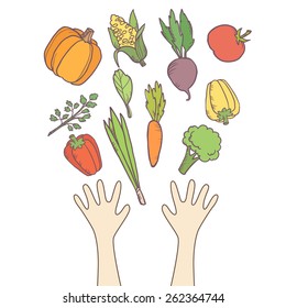 Vegetarian healthy organic background with different kind of vegetables  and hands