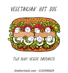 Vegetarian Hot Dog, Veggie Sausages, Greek Feta, Cucumber, Belle Pepper, Tomato, Olive, Lettuce Salad, Sesame Seeds. Fast Food. Realistic Hand Drawn High Quality Vector Illustration. Doodle Style.