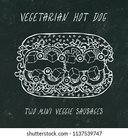 Vegetarian Hot Dog, Veggie Sausages, Greek Feta, Cucumber, Belle Pepper, Tomato, Olive, Sesame Seeds. Fast Food. Realistic Hand Drawn High Quality Vector Illustration. Doodle Style. Black Chalkboard.