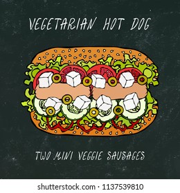 Vegetarian Hot Dog, Veggie Sausages, Greek Feta, Cucumber, Belle Pepper, Tomato, Olive, Sesame Seeds. Fast Food. Realistic Hand Drawn High Quality Vector Illustration. Doodle Style. Black Chalkboard.