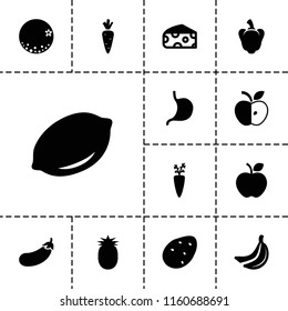 Vegetarian icon. collection of 13 vegetarian filled icons such as potato, cheese, lemon, stomach, carrot on fork, orange, banana. editable vegetarian icons for web and mobile.
