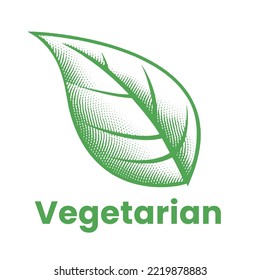 Vegetarian Icon with Green Engraved Leaf isolated on a White Background