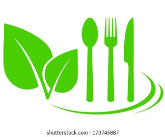 vegetarian icon with leaves and fork, spoon, knife