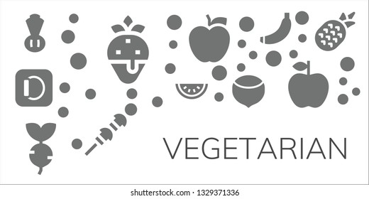 vegetarian icon set. 11 filled vegetarian icons.  Collection Of - Chives, Strawberry, Apple, Watermelon, Turnip, Hazelnut, Vegetables, Banana, Pineapple