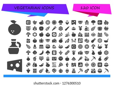  vegetarian icon set. 120 filled vegetarian icons. Simple modern icons about  - Orange, Cheese, Olive oil, Apple, Fruit bowl, Mango, Mangosteen, Watermelon, Mushroom, Corn, Spinach