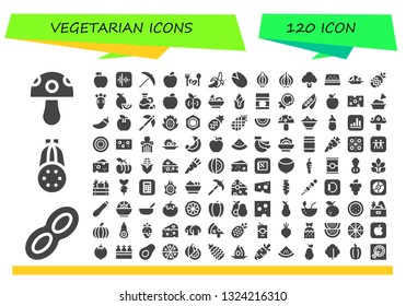 vegetarian icon set. 120 filled vegetarian icons.  Simple modern icons about  - Mushroom, Peanut, Courgette, Apple, Pick, Salad, Banana, Pistachio, Onion, Broccoli, Watermelon