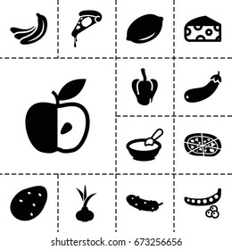 Vegetarian icon. set of 13 filled vegetarianicons such as potato, onion, banana, peas, pepper, cheese, lemon, porridge, pizza, cucumber, apple