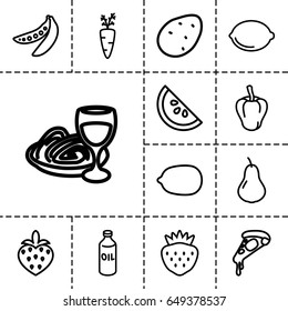 Vegetarian icon. set of 13 outline vegetarianicons such as potato, pear, pepper, oil, lemon, pizza, pasta and wine glass, strawberry, lemon, peas, watermelon