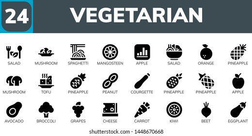 vegetarian icon set. 24 filled vegetarian icons.  Collection Of - Salad, Mushroom, Spaghetti, Mangosteen, Apple, Orange, Pineapple, Tofu, Peanut, Courgette, Avocado, Broccoli