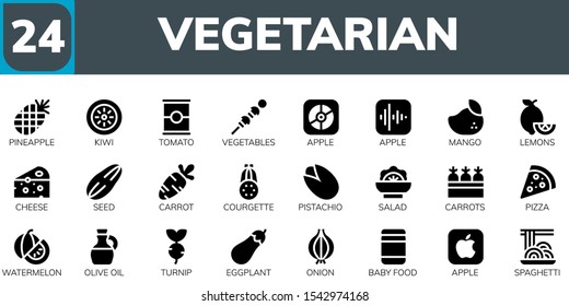 vegetarian icon set. 24 filled vegetarian icons.  Collection Of - Pineapple, Kiwi, Tomato, Vegetables, Apple, Mango, Lemons, Cheese, Seed, Carrot, Courgette, Pistachio, Salad icons