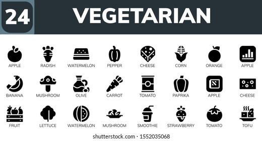 vegetarian icon set. 24 filled vegetarian icons.  Collection Of - Apple, Radish, Watermelon, Pepper, Cheese, Corn, Orange, Banana, Mushroom, Olive, Carrot, Tomato, Paprika icons