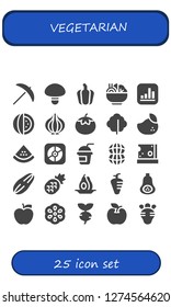  vegetarian icon set. 25 filled vegetarian icons. Simple modern icons about  - Pick, Mushroom, Pepper, Salad, Apple, Watermelon, Onion, Tomato, Lettuce, Mango, Smoothie, Peanut