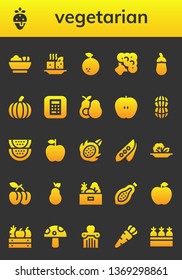 vegetarian icon set. 26 filled vegetarian icons.  Collection Of - Salad, Strawberry, Tofu, Orange, Broccoli, Aubergine, Pumpkin, Apple, Avocado, Peanut, Watermelon, Dragon fruit
