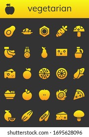 vegetarian icon set. 26 filled vegetarian icons. Included Avocado, Apple, Mushroom, Nut, Carrot, Bananas, Courgette, Pear, Cheese, Olive oil, Orange, Pizza, Mangosteen, Corn icons