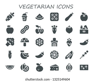vegetarian icon set. 30 filled vegetarian icons.  Collection Of - Carrot, Smoothie, Watermelon, Pizza, Courgette, Apple, Peanut, Plum, Radish, Coconut, Vegetables, Broccoli, Mushroom