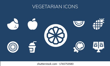 vegetarian icon set. 9 filled vegetarian icons.  Simple modern icons such as: Mangosteen, Smoothie, Apple, Kiwi, Mango, Recipe book, Pineapple, Coconut, Watermelon