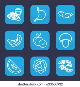 Vegetarian icon. set of 9 outline vegetarian icons such as mushroom, banana, cabbage, apple, pizza, cucumber, pasta and wine glass, stomach