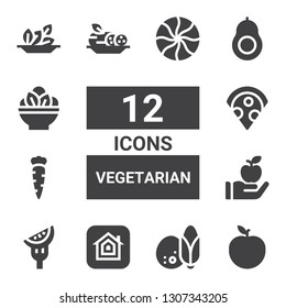 vegetarian icon set. Collection of 12 filled vegetarian icons included Apple, Coconut, Tomato, Carrot, Pizza, Cucumber, Avocado, Salad, Mint